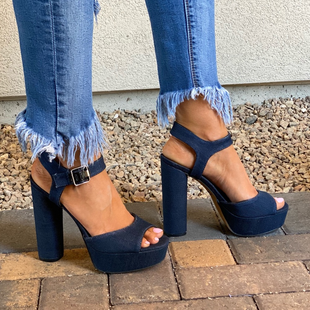 Denim Blue Distressed Towering Platform Sandal - Picture 12 of 12